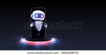 Cute neon cartoon robot. AI Content Generator. Chatbot technology. Technology and engineering. AI chat bot based on artificial intelligence and neural networks. Online training banner. Vector