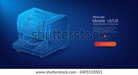 3D Wireframe of Industrial Machinery - High Precision Equipment Concept on Blue Background. paper printer prints the text of document. Vector illustration