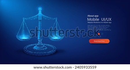 Illuminated Digital Scale of Justice: Symbolic Representation of Law and Order in Cyberspace. Futuristic justice, law judgement concept with glowing low polygonal isolated vector illustration