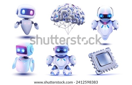 Futuristic Set of AI Robots and Digital Brain Concept on a Blue Background. AI robot bot. Chat, chatbot technology, 3d vector illustration artificial icon 