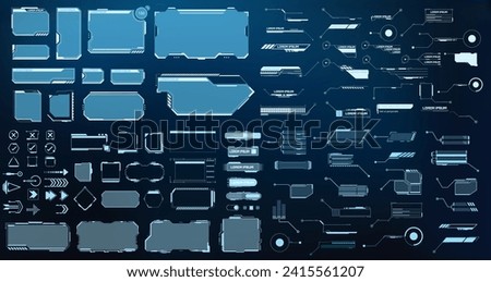 A comprehensive set of futuristic HUD (Heads-Up Display) and interface elements with a blue neon glow. Futuristic HUD and Interface Elements Set. Vector illustration