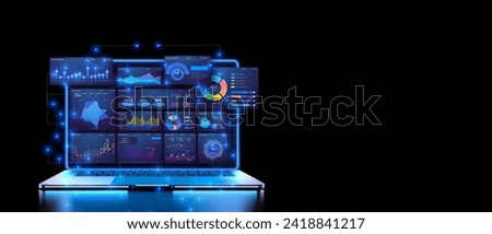 Futuristic laptop projecting high-tech data analytics financial visualization screens in a dark setting. Advanced Data Analytics Visualization with Interactive Laptop Interface Concept. Vector