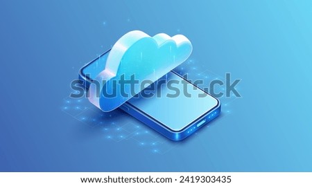 Futuristic representation of cloud computing technology with a luminous cloud above a smartphone on a blue background. Cloud Computing Concept with Smartphone. Cloud Technology illustration.
