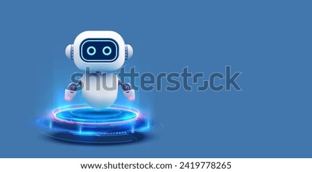 Futuristic 3D Robot on Blue with Holographic Interface. An adorable white robot with glowing blue eyes stands next to a holographic projection, showcasing advanced technology and AI concepts. Vector