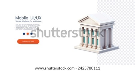 Digitally rendered 3D model of a neoclassical building with iconic columns, ideal for architectural designs and presentations. Bank building. Online banking, finance, bank transactions, bank service.