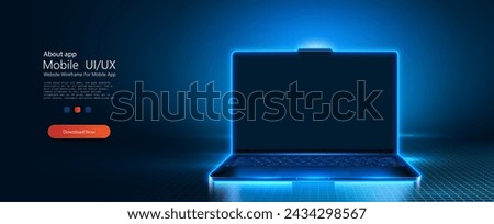 A portable neon computer with blank screen and a desk in a dark room with blue lighting. Striking image featuring a laptop with neon blue light on a digital grid, symbolizing cutting-edge technology.