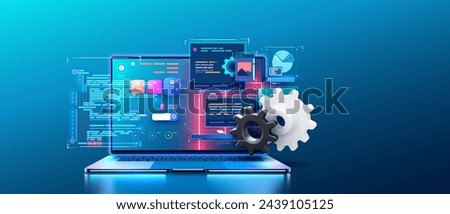 Concept of Information technologies and computer engineering. Creation digital Software mobile, desktop platforms. Software developer programming code. Neon laptop with futuristic code on the screen.