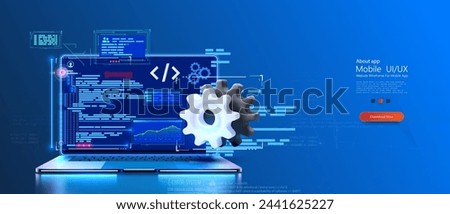 An open laptop displaying advanced code and programming interfaces with holographic projections and a cogwheel symbolizing development. Futuristic Coding and Development Concept on Laptop. Vector