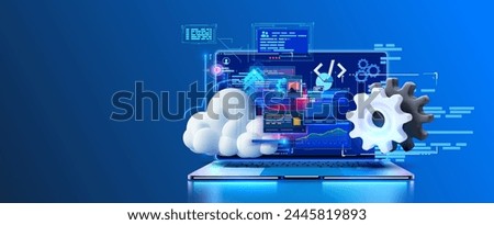 Futuristic Cloud Computing and Network Interface on Laptop Screen. A modern laptop displaying a dynamic cloud computing interface with intricate network connections and cogwheels. Vector