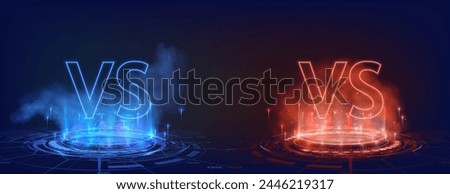 Epic Versus Battle Arena with Neon VS Sign. Two glowing neon 'VS' signs in blue and red on a dark digital arena setting, symbolizing an epic showdown or competition. Vector