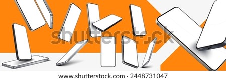 Dynamic Smartphones Showcase on Vibrant Orange Backdrop. multiple smartphones in various angles floating on an energetic orange background, ideal for modern gadget display.  3D realistic device mockup