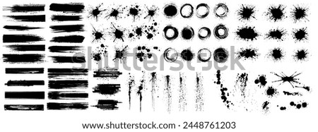 Artistic Grunge Textures Collection for Creative Design Use. Variety of black paint splatters, strokes, and grunge textures, perfect for graphic overlays or artistic backgrounds. Ink splashes. Vector