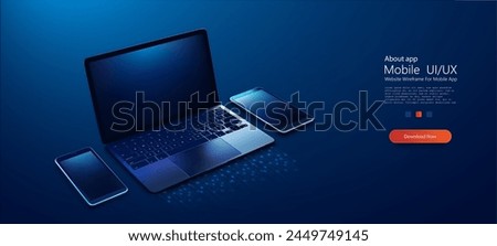 Sleek Devices in Sync: Laptop and Smartphones on table in isometric  on Digital Grid. Modern digital devices linked in harmony, featuring laptop and smartphones on dynamic digital binary code grid. 