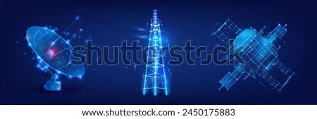 Network Communication Technology with Satellite, Antenna, and Space Station. A visual concept of space communication technology with wireframe satellite, radio tower, and space station illuminating.