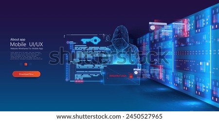 Cybersecurity Digital Interface with Holographic Projection and Server Racks. Showcasing a user interface for mobile app development with digital security elements and futuristic server background.