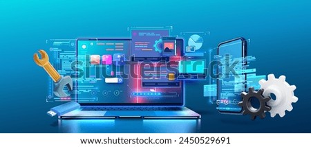 Futuristic Tech Repair Concept with Laptop, Smartphone, and Tools. Vibrant featuring digital UI,UX interfaces across devices with floating wrench and gears, symbolizing technology maintenance.