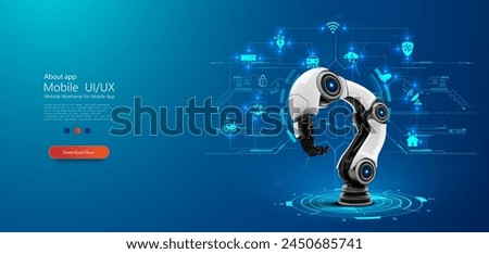 Robotic Arm in Digital Interface Environment: Smart Industry Concept. Sophisticated robotic arm is central in a virtual blueprint interface, symbolizing high-tech automation and AI in modern industry.