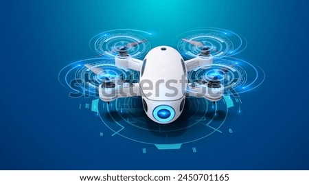 Futuristic Autonomous 3d Drone Blue Digital Overlays. Сutting-edge white drone hovers, surrounded by dynamic blue digital interface overlays, evoking a sense of advanced autonomous technology. Vector