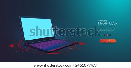 Laptop with Dynamic Backdrop in Dark Setting. Sleek, modern laptop with glowing keyboard, poised on a dark surface with red dynamic digital elements highlighting its state-of-the-art design. Vector