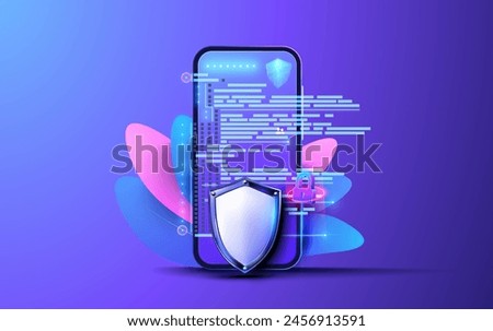 Futuristic Smartphone Security Concept with Shield and Digital Lock. Vibrant 3D illustration depicting a smartphone with advanced security features, including a shield and digital lock. Vector