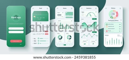 Sophisticated Bank App Interface Design Displayed on Smartphone Screens. Templates for Online Banking: Set showcasing financial management, credit card services, payments, and banking features. Vector