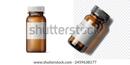 Realistic Pharmaceutical Bottle Mockup with Blank Label. High-resolution stock image features two amber glass bottles with blank labels, perfect for pharmaceutical packaging mockups. Vector