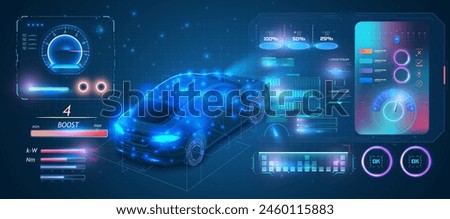 Futuristic Electric Car Interactive HUD Interface Design. Dynamic HUD interface, displaying various vehicle metrics and digital controls. Futuristic display with data, speedometer, statistics panel.