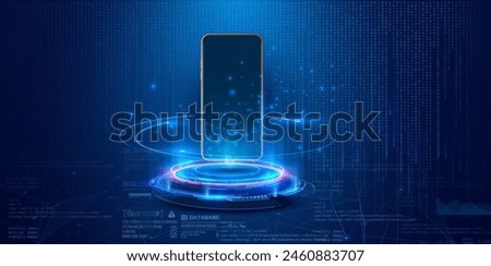 Advanced Technology Concept with Smartphone and Glowing Data. Phone integrated with advanced technology, emitting a radiant data screen on a futuristic blue digital background. Vector