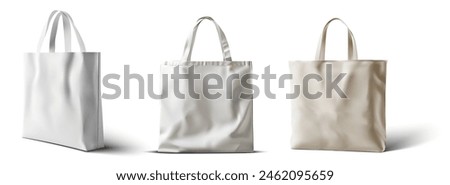 Mockup of tote bags in various shapes and handle lengths. Realistic 3D vector set of white cloth canvas eco shoppers. Blank fabric cotton or linen reusable grocery handbags, ideal for custom designs.