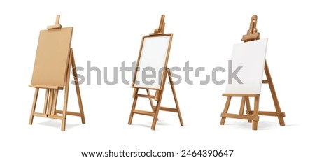 Wooden easel stand with an art board vector mockup. 3D painter's canvas tripod for displaying artist's drawings in a gallery exhibition. Wooden Easel Stand with Art Board - Realistic Vector Mockup.