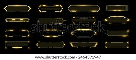 Futuristic HUD Interface Elements - Neon Yellow Glowing Frames on Black Background. Digital Sci-Fi Panels for UI Design in Vector illustration