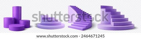 3D Purple Podium and Staircase Set on Transparent Background - Modern Geometric Display Platforms for Product Presentation and Showcases. Elegant futuristic design scene with a stand at top for award.
