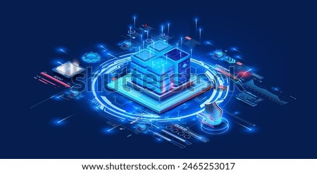 Futuristic digital data center integrated with advanced technology. It features a server on circuit board surrounded by various digital elements, coud computing, data storage, and cyber technology.