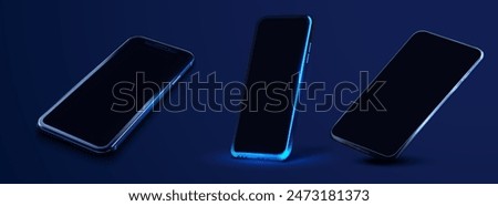 3D illustration of three sleek modern smartphones with dark screens and blue glowing edges, displayed at different angles on a dark background. Perfect for showcasing mobile technology and app design.