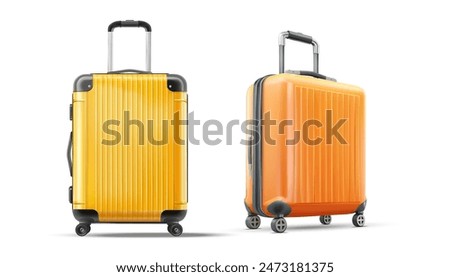 3D illustration of two orange suitcases with telescopic handles and spinner wheels. Ideal for travel-related content, depicting modern luggage design and travel gear essentials. Vector illustration