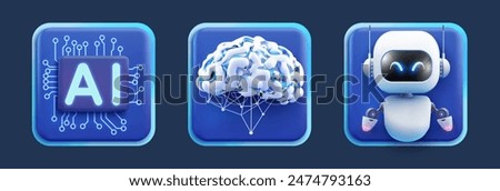 AI Technology Icons Set - Vector Illustration of Artificial Intelligence, Neural Networks, and Robotics for Digital and Tech Projects. Futuristic AI Technology Concept with Robot, Chip, and Brain.