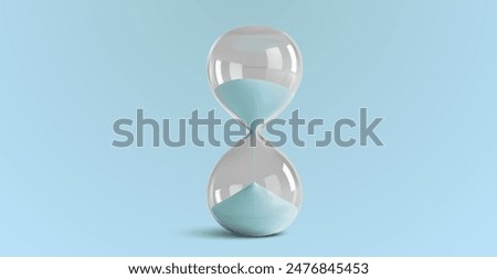 Minimalist Hourglass with Blue Sand on Light Background. Minimalist hourglass filled with blue sand, set against a light blue background. Symbolizing time, patience. Vector