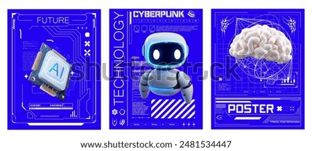 A set of futuristic posters highlighting technology themes, including AI, a cyberpunk robot, and a brain concept. Perfect for tech events, presentations, and modern digital art projects.