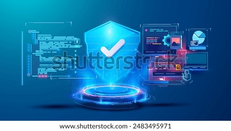 A futuristic cyber security illustration featuring a digital shield with a check mark, surrounded by code and interface elements. Perfect for representing online security, data protection, and tech.