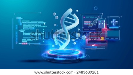 Digital illustration showcases a glowing DNA strand surrounded by dynamic data streams, symbolizing cutting-edge technology in genetic research and bioinformatics. Vector