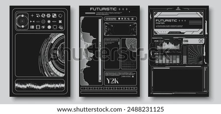 Futuristic HUD Poster Set, User Interface Design. Isolated Vector Black and Gray Sci-Fi UI Elements, Symbolizing Technology, and Innovation Concepts for Tech Projects. Grunge planet posters. Vector