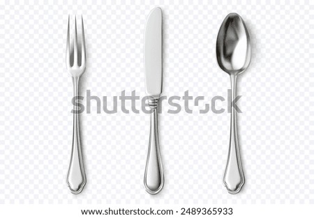 Realistic Cutlery Set, Silverware Design. Isolated Vector Fork, Knife, and Spoon on Transparent Background, Symbolizing Dining and Culinary Tools for Creative Projects.