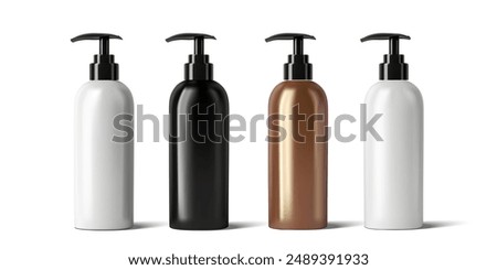 Realistic 3D Pump Bottles, Product Packaging Design. Isolated Vector White, Black, and Brown Bottles on Transparent Background, Symbolizing Health and Beauty Products for Creative Projects.