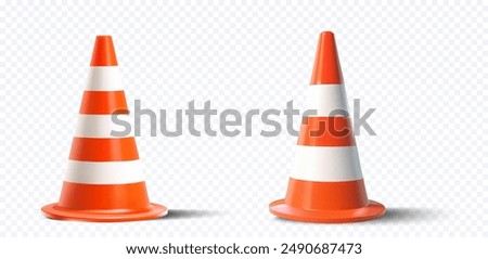 Realistic 3D Traffic Cones, Safety Equipment. Isolated Vector Orange and White Cones on Transparent Background, Symbolizing Road Safety and Construction for Creative Projects