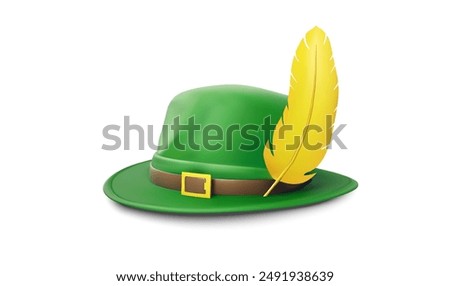 Green Oktoberfest Hat with Yellow Feather. Isolated Vector 3D Bavarian Hat with a Buckle and Feather, Symbolizing Traditional German Oktoberfest Costume