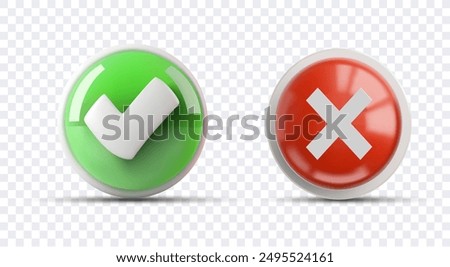 A 3D illustration of a green check mark and a red cross symbol on round buttons, isolated on a transparent background. Perfect for indicating approval and rejection in various designs.