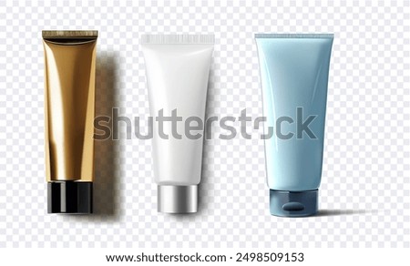 3D illustration of three cosmetic tubes in different colors and designs on a transparent background, perfect for beauty and skincare product presentations beauty cleanser packaging design. Vector