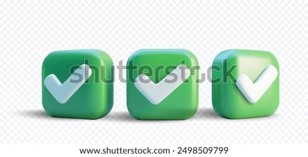 3D illustration of three green checkmark icons on a transparent background, perfect for user interface design, approval symbols, and confirmation graphics. 3d yes sign. Green official tick button.