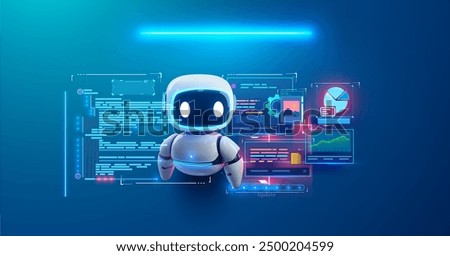 A futuristic robot interacting with a digital data interface on a blue background perfect for technology and AI-themed designs and presentations. Cute robot with futuristic HUD interface. Vector