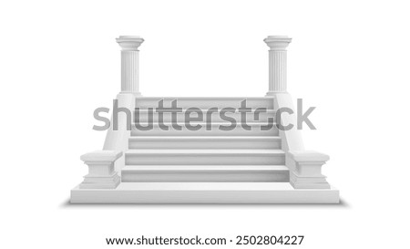 Classic White Stairs with Columns. Realistic antique ionic column marble arch with staircase Vector illustration